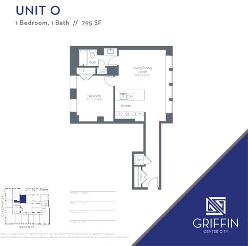 Floor plan for 1 bed, 1 bath, 795 sqft